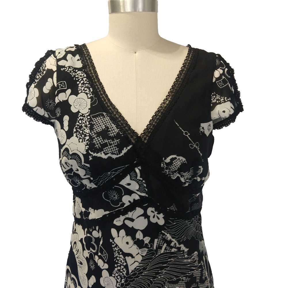 Vintage 2000s Black Midi Dress Size 10P Black Asian Print Beyer Y2K Bias Slip - Picture 4 of 10